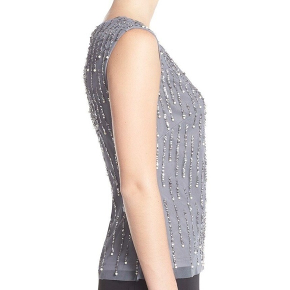 NEW $148 Adrianna Papell Pearl Embellished‎ Mesh Top in Grey [SZ 14 ] - Picture 4 of 6